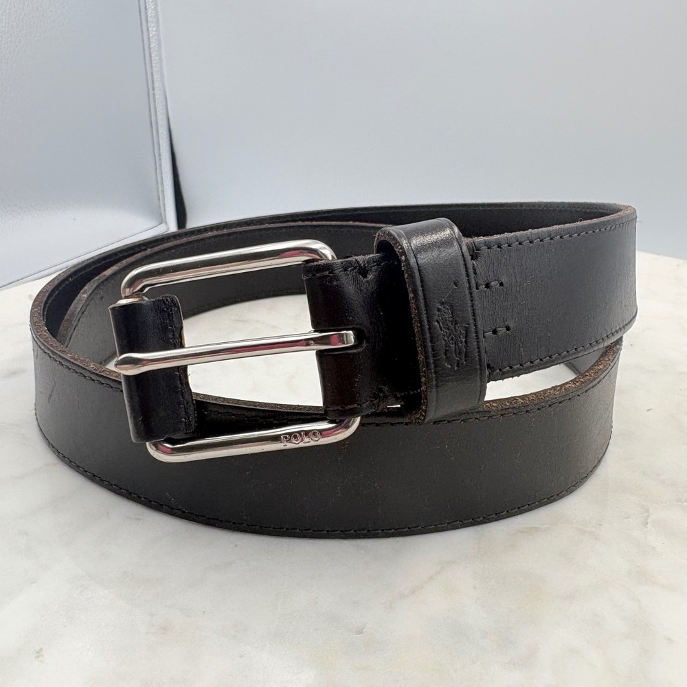Polo Ralph Lauren Belt Mens 32 Black Leather Silver Buckle Office Classic
